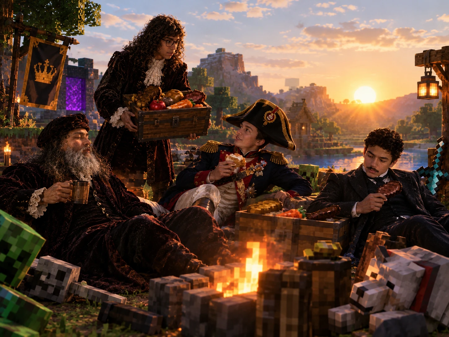 Ao pôr do sol, os amigos descansam em volta de uma fogueira com baús cheios de pão, carne, maçã e cenoura; um lobo dorme no chão e há um portal do Nether ao fundo.