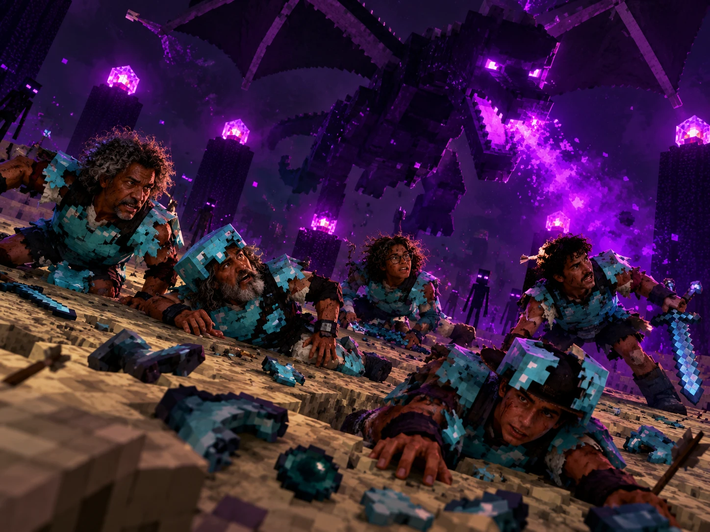 No End, os amigos estão caídos no chão de pedra com a armadura despedaçada, olhando para o Dragão do Ender que voa entre torres de obsidiana com cristais roxos, cercados de Endermen.