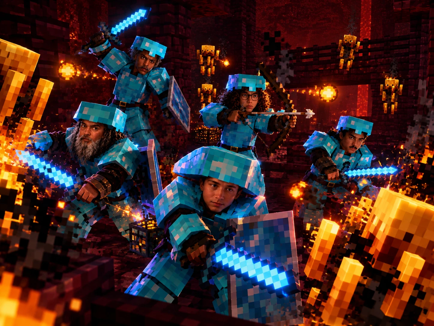 Na fortaleza do Nether, os amigos de armadura de diamante lutam com espadas e escudos; Bertini mira com o arco enquanto blazes soltam bolas de fogo.