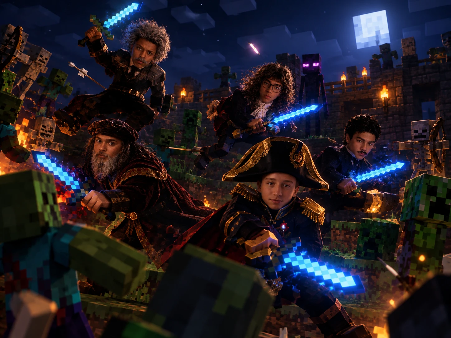 À noite, sob uma lua quadrada, os amigos lutam com espadas de diamante brilhando contra zumbis, esqueletos e creepers, com um Enderman ao fundo.