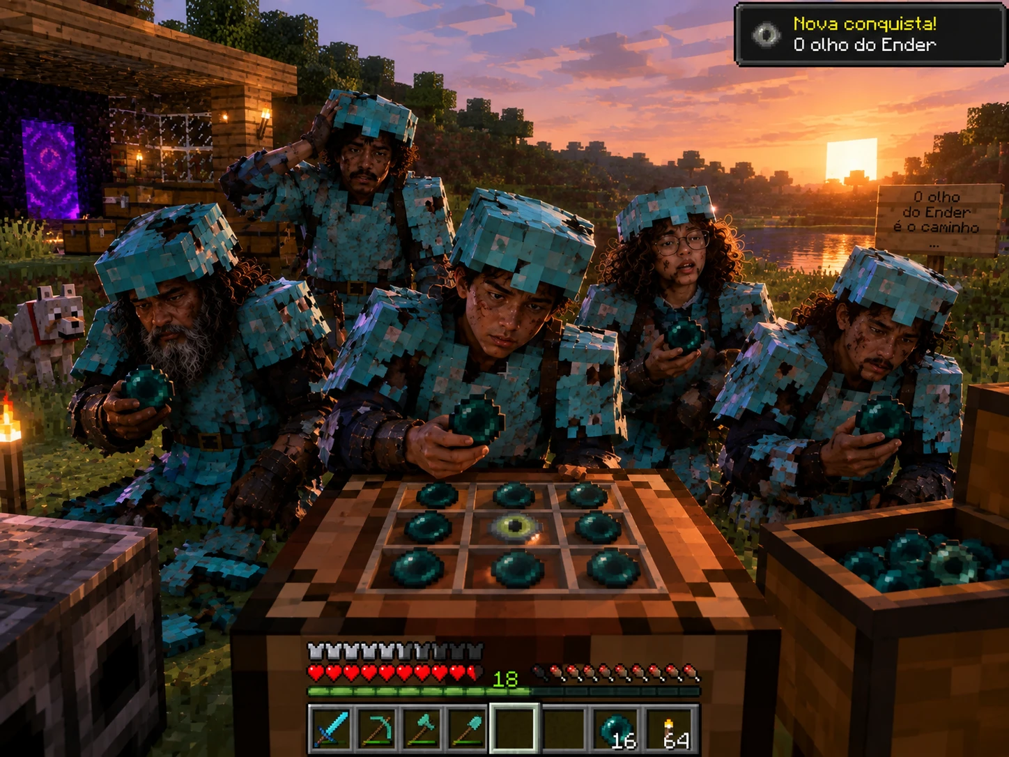 Em volta da mesa de trabalho, os amigos seguram pérolas de Ender; na grade aparece um Olho do Ender e, no canto, o aviso de nova conquista.