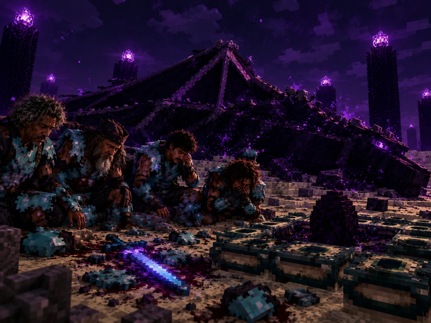 No End, depois da batalha, quatro amigos ajoelhados choram de cabeça baixa; no chão, entre pedaços de armadura, a espada encantada ainda brilha roxo, e o corpo do dragão está caído ao fundo.