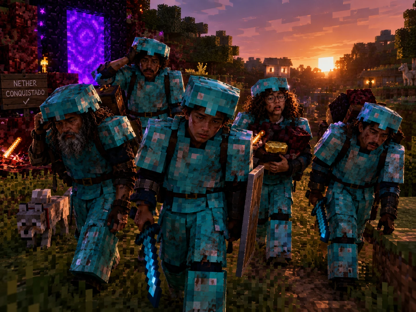 Os amigos saem do portal do Nether ao pôr do sol, sujos e com a armadura de diamante rachada, carregando ouro e baús; o lobo Galileu corre ao lado e uma placa diz Nether conquistado.