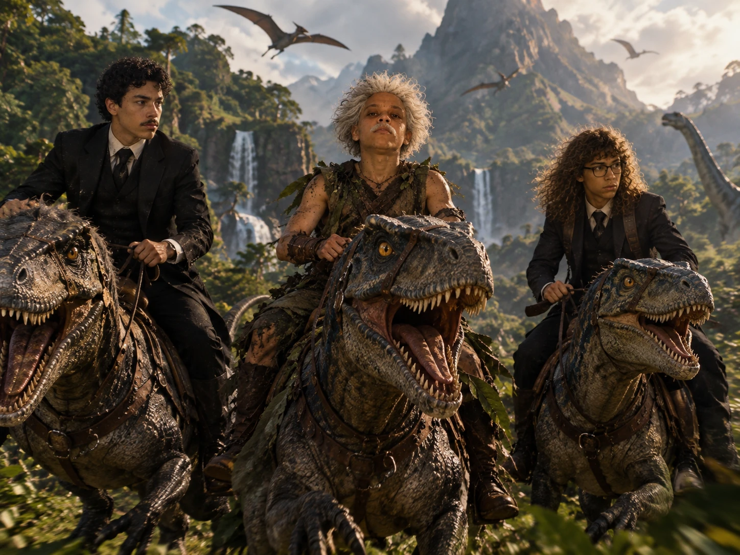 Daniel, Raphael e Bertini cavalgam dinossauros com rédeas por um vale verde com cachoeiras, montanhas e pterossauros no céu.