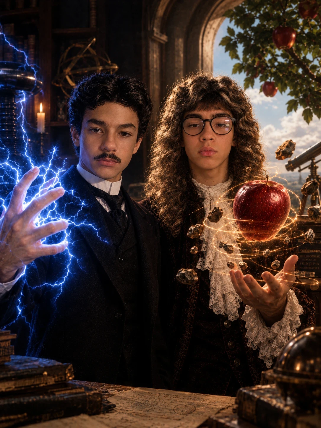 Daniel Tesla, com raios azuis saindo da mão, e Bertini Newton, de óculos e peruca cacheada, segurando uma maçã que flutua.
