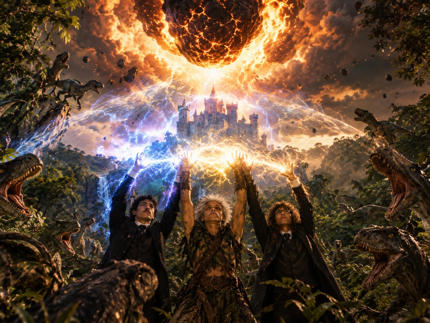 Daniel, Raphael e Bertini erguem as mãos numa selva cercada de dinossauros; raios azuis e dourados formam um escudo no céu contra um meteoro em chamas, com um castelo ao fundo.