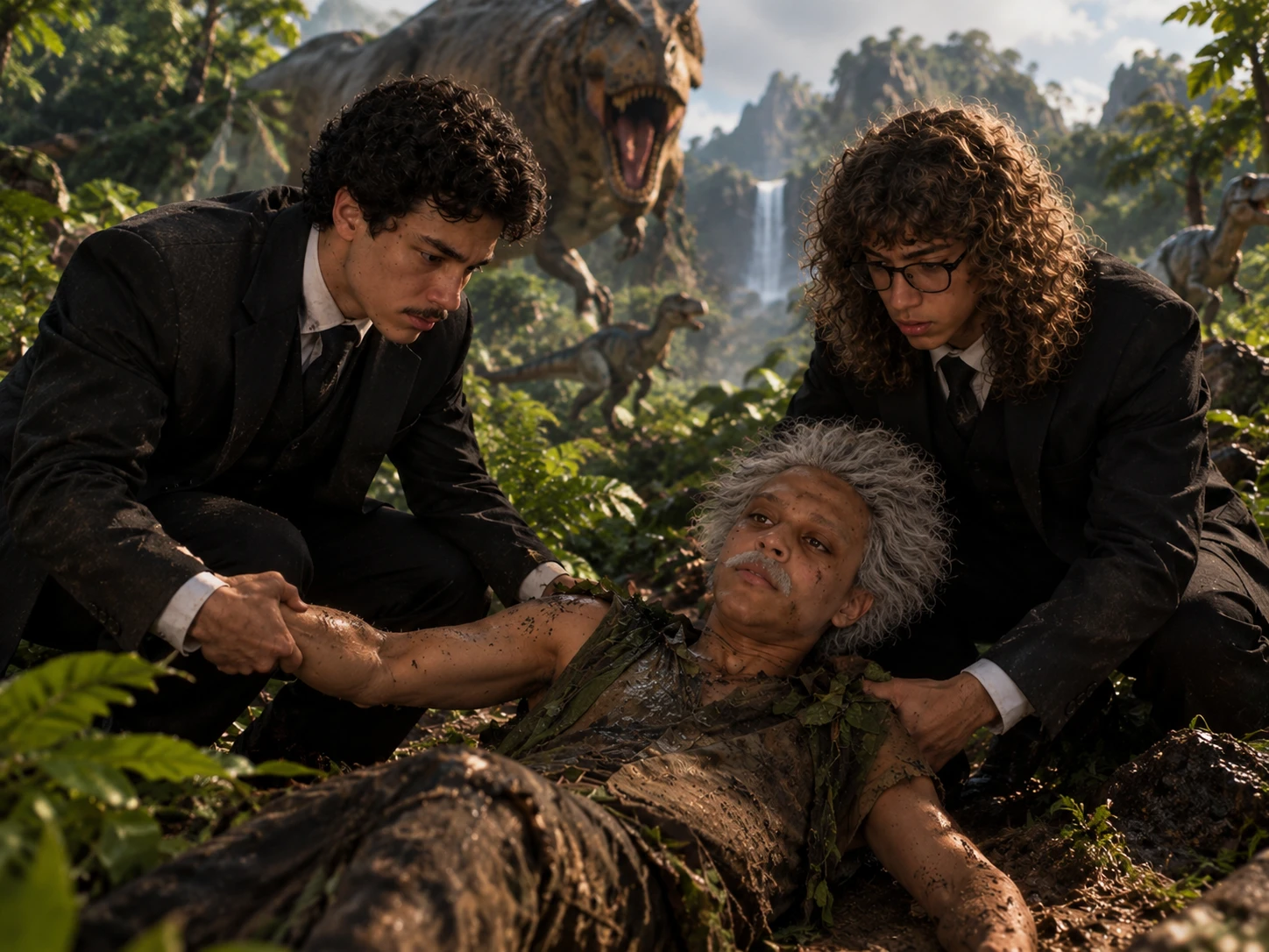 Daniel e Bertini, de terno, ajudam Raphael Einstein, sujo de lama e deitado no chão da floresta, enquanto um tiranossauro ruge ao fundo perto de uma cachoeira.